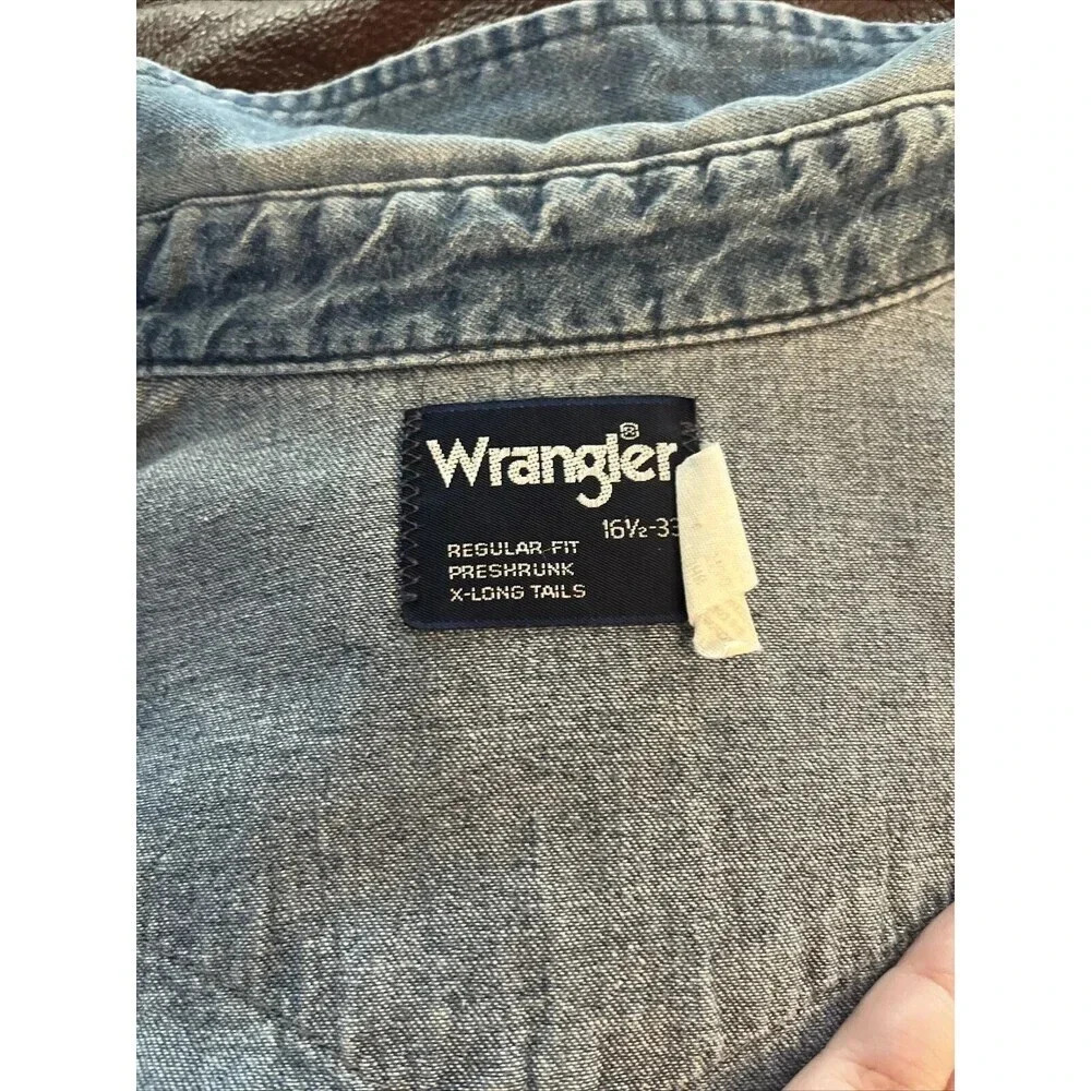 Vintage Wrangler Denim Pearl Snap Sanforized Shirt Men's Size 16 1/2x33 Raw Edge - Picture 8 of 8